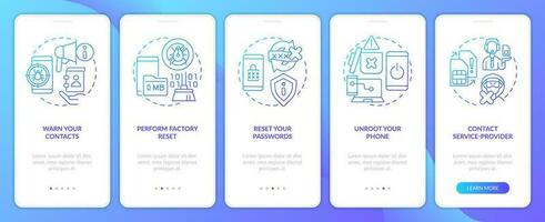 Repair smartphone after hacking blue gradient onboarding mobile app screen. Walkthrough 5 steps graphic instructions with linear concepts. UI, UX, GUI template vector