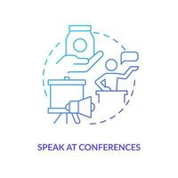 Speak at conferences blue gradient concept icon. Brand promotion. Finding potential customers tip abstract idea thin line illustration. Isolated outline drawing vector