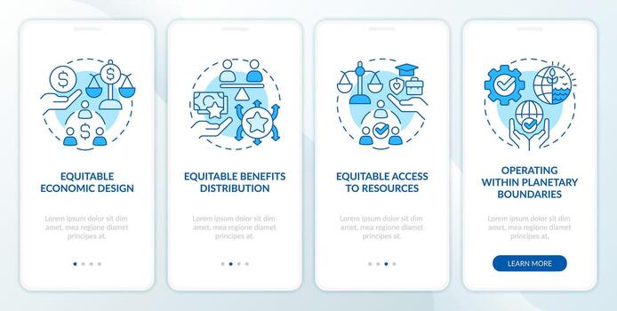 Attributes of inclusive growth blue onboarding mobile app screen. Walkthrough 4 steps editable graphic instructions with linear concepts. UI, UX, GUI template vector