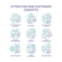 Attracting new customers blue gradient concept icons set. Finding clients. Promotion ideas for business thin line color illustrations. Isolated symbols vector