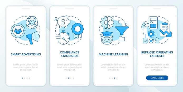 Pros of data governance systems blue onboarding mobile app screen. Walkthrough 4 steps editable graphic instructions with linear concepts. UI, UX, GUI template vector