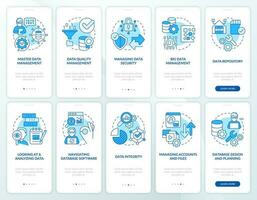 Data regulation process blue onboarding mobile app screen set. Walkthrough 5 steps editable graphic instructions with linear concepts. UI, UX, GUI template vector