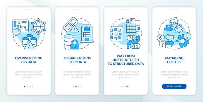 Data governance challenges blue onboarding mobile app screen. Walkthrough 4 steps editable graphic instructions with linear concepts. UI, UX, GUI template vector