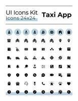 Taxi service black glyph ui icons set. Urban vehicle order. Silhouette symbols on white space. Solid pictograms for web, mobile. Isolated vector illustrations