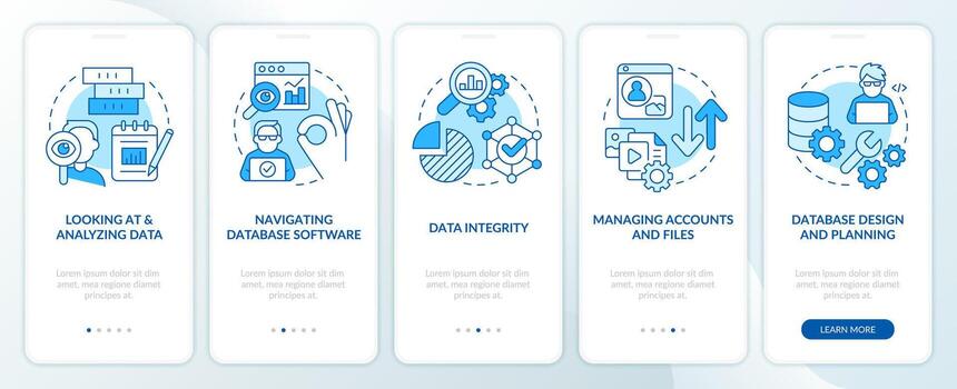 Data governance skills blue onboarding mobile app screen. Walkthrough 5 steps editable graphic instructions with linear concepts. UI, UX, GUI template vector