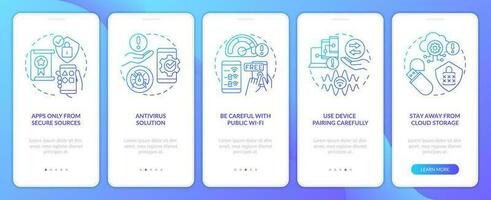 Smartphone security tips blue gradient onboarding mobile app screen. Protection walkthrough 5 steps graphic instructions with linear concepts. UI, UX, GUI template vector