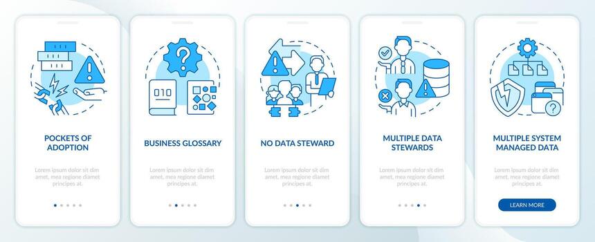 Information storage problems blue onboarding mobile app screen. Walkthrough 5 steps editable graphic instructions with linear concepts. UI, UX, GUI template vector