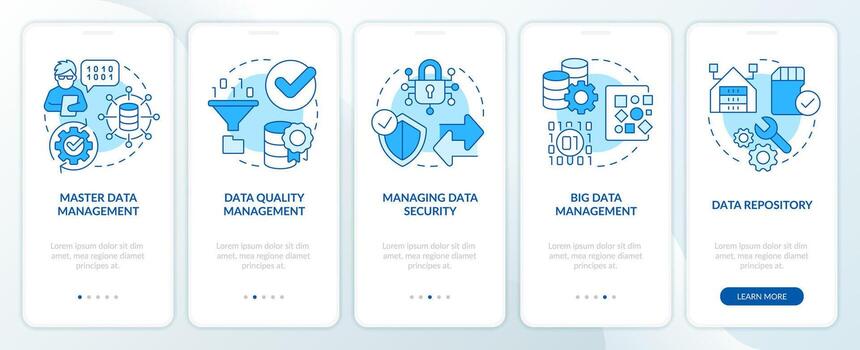 Kinds of data governance blue onboarding mobile app screen. Walkthrough 5 steps editable graphic instructions with linear concepts. UI, UX, GUI template vector