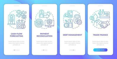 Treasury management system feature blue gradient onboarding mobile app screen. Walkthrough 4 steps graphic instructions with linear concepts. UI, UX, GUI template vector