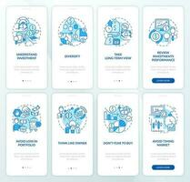 Rules of investing blue onboarding mobile app screens set. Finance walkthrough 4 steps editable graphic instructions with linear concepts. UI, UX, GUI template vector