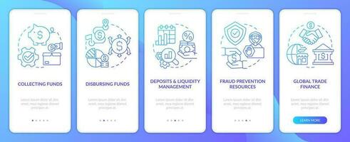 Treasury management services blue gradient onboarding mobile app screen. Walkthrough 5 steps graphic instructions with linear concepts. UI, UX, GUI template vector