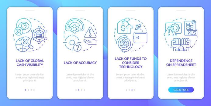 Challenges faced by treasurer blue gradient onboarding mobile app screen. Walkthrough 4 steps graphic instructions with linear concepts. UI, UX, GUI template vector