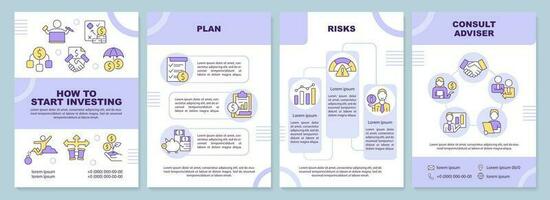 How to start investing purple brochure template. Leaflet design with linear icons. Editable 4 vector layouts for presentation, annual reports