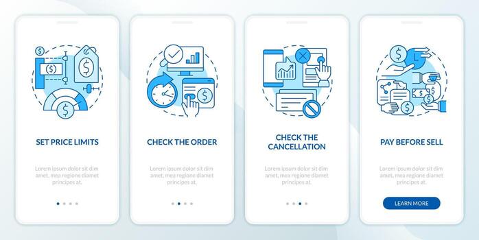 en línea invertir azul inducción móvil aplicación pantalla. digital comercio recorrido 4 4 pasos editable gráfico instrucciones con lineal conceptos. ui, ux, gui modelo vector