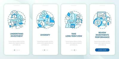 Investing rules blue onboarding mobile app screen. Trading walkthrough 4 steps editable graphic instructions with linear concepts. UI, UX, GUI template vector