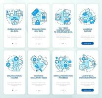 Information regulations issues blue onboarding mobile app screen set. Walkthrough 4 steps editable graphic instructions with linear concepts. UI, UX, GUI template vector