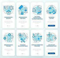 Information regulations issues blue onboarding mobile app screen set. Walkthrough 4 steps editable graphic instructions with linear concepts. UI, UX, GUI template vector