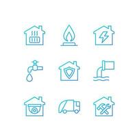 Infrastructures pixel perfect gradient linear vector icons set. Water, gas and electricity supply. Waste collection. Thin line contour symbol designs bundle. Isolated outline illustrations collection