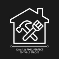 Overhaul pixel perfect white linear icon for dark theme. Building revision and restoration. Hammer and paintbrush. Thin line illustration. Isolated symbol for night mode. Editable stroke vector