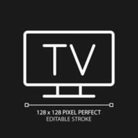 Television pixel perfect white linear icon for dark theme. TV broadcasting service. Analog and digital technology. Thin line illustration. Isolated symbol for night mode. Editable stroke vector