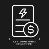 Electricity bill pixel perfect white linear icon for dark theme. Public utility service payment. Debt for utilities usage. Thin line illustration. Isolated symbol for night mode. Editable stroke vector