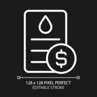 Water bill pixel perfect white linear icon for dark theme. Public utility service payment. Debt for utilities usage. Thin line illustration. Isolated symbol for night mode. Editable stroke vector