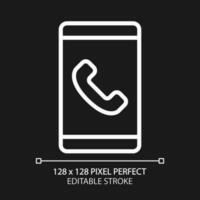 Mobile phone pixel perfect white linear icon for dark theme. Telecommunication service. Mobile calling provider. Smartphone. Thin line illustration. Isolated symbol for night mode. Editable stroke vector