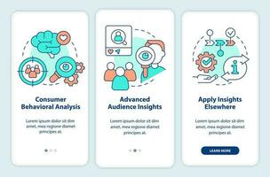 Understand consumer behavior onboarding mobile app screen. Marketing walkthrough 3 steps editable graphic instructions with linear concepts. UI, UX, GUI templated vector