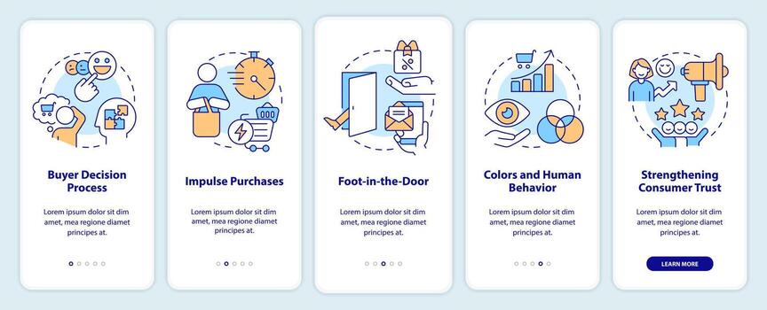 Impactful marketing tactics onboarding mobile app screen. Psychology. Walkthrough 5 steps editable graphic instructions with linear concepts. UI, UX, GUI templated vector