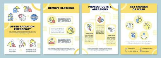 Decontaminate actions yellow brochure template. Radiation. Leaflet design with linear icons. Editable 4 vector layouts for presentation, annual reports