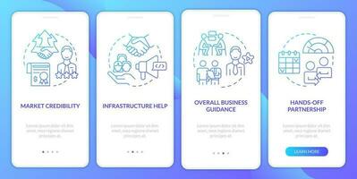 Benefits of alternative lending blue gradient onboarding mobile app screen. Walkthrough 4 steps graphic instructions with linear concepts. UI, UX, GUI templated vector