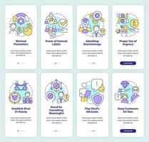 Psychological marketing strategies onboarding mobile app screen set. Walkthrough 4 steps editable graphic instructions with linear concepts. UI, UX, GUI templated vector