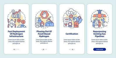 Implement hydrogen economy onboarding mobile app screen. H2 strategy walkthrough 4 steps editable graphic instructions with linear concepts. UI, UX, GUI templated vector