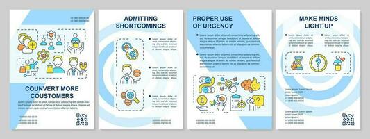 Convert more customers blue brochure template. Generate clients. Leaflet design with linear icons. 4 vector layouts for presentation, annual reports