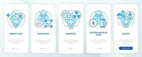 Nuclear explosion dangers blue onboarding mobile app screen. Radiation walkthrough 5 steps editable graphic instructions with linear concepts. UI, UX, GUI templated vector