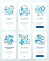 Actions outside and at home blue onboarding mobile app screen set. Walkthrough 3 steps editable graphic instructions with linear concepts. UI, UX, GUI templated vector