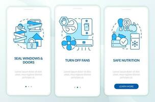 Actions at home during disaster blue onboarding mobile app screen. Walkthrough 3 steps editable graphic instructions with linear concepts. UI, UX, GUI templated vector