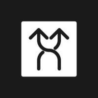Highway intersection ahead arrows dark mode glyph ui icon. Road sign. User interface design. White silhouette symbol on black space. Solid pictogram for web, mobile. Vector isolated illustration