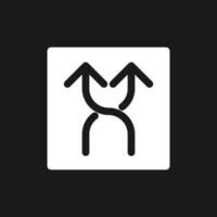 Highway intersection ahead arrows dark mode glyph ui icon. Road sign. User interface design. White silhouette symbol on black space. Solid pictogram for web, mobile. Vector isolated illustration