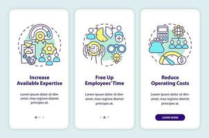 Small business outsourcing reasons onboarding mobile app screen. Walkthrough 3 steps editable graphic instructions with linear concepts. UI, UX, GUI template vector