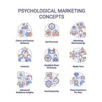 Psychological marketing tactics concept icons set. Interaction with consumers idea thin line color illustrations. Isolated symbols. Editable stroke vector