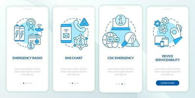 Ways to stay tuned blue onboarding mobile app screen. Nuclear disaster walkthrough 5 steps editable graphic instructions with linear concepts. UI, UX, GUI templated vector