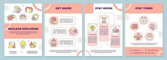 Nuclear explosion pink brochure template. Accident danger. Leaflet design with linear icons. Editable 4 vector layouts for presentation, annual reports