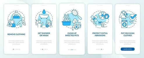 Decontaminate after radiation blue onboarding mobile app screen. Walkthrough 5 steps editable graphic instructions with linear concepts. UI, UX, GUI templated vector