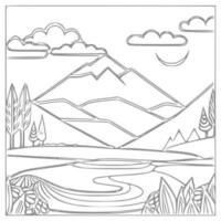 Landscape Coloring book, mountains and river. vector