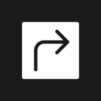 Right turn arrow dark mode glyph ui icon. Road sign. Finding route. User interface design. White silhouette symbol on black space. Solid pictogram for web, mobile. Vector isolated illustration