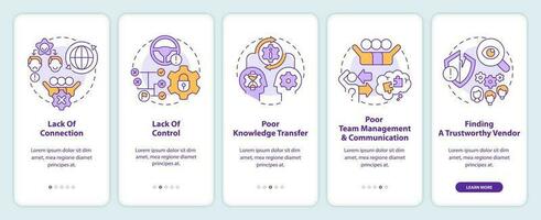 Problems with outsourcing onboarding mobile app screen. Control lack walkthrough 5 steps editable graphic instructions with linear concepts. UI, UX, GUI template vector