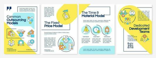Outsourcing contracts types blue and yellow brochure template. Leaflet design with linear icons. Editable 4 vector layouts for presentation, annual reports