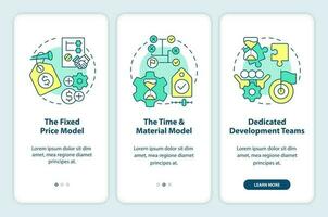 Common outsourcing models onboarding mobile app screen. Management walkthrough 3 steps editable graphic instructions with linear concepts. UI, UX, GUI template vector