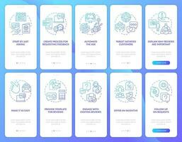 Earning customer loyalty blue gradient onboarding mobile app screen set. Walkthrough 5 steps graphic instructions with linear concepts. UI, UX, GUI template vector